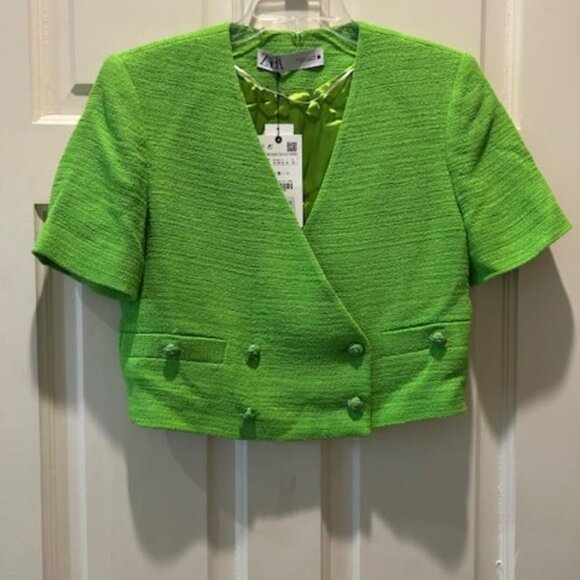 ZARA TEXTURED CROPPED BLAZER SIZE MED NEON GREEN REF 3066/811 DBL breasted NWT - Picture 3 of 5